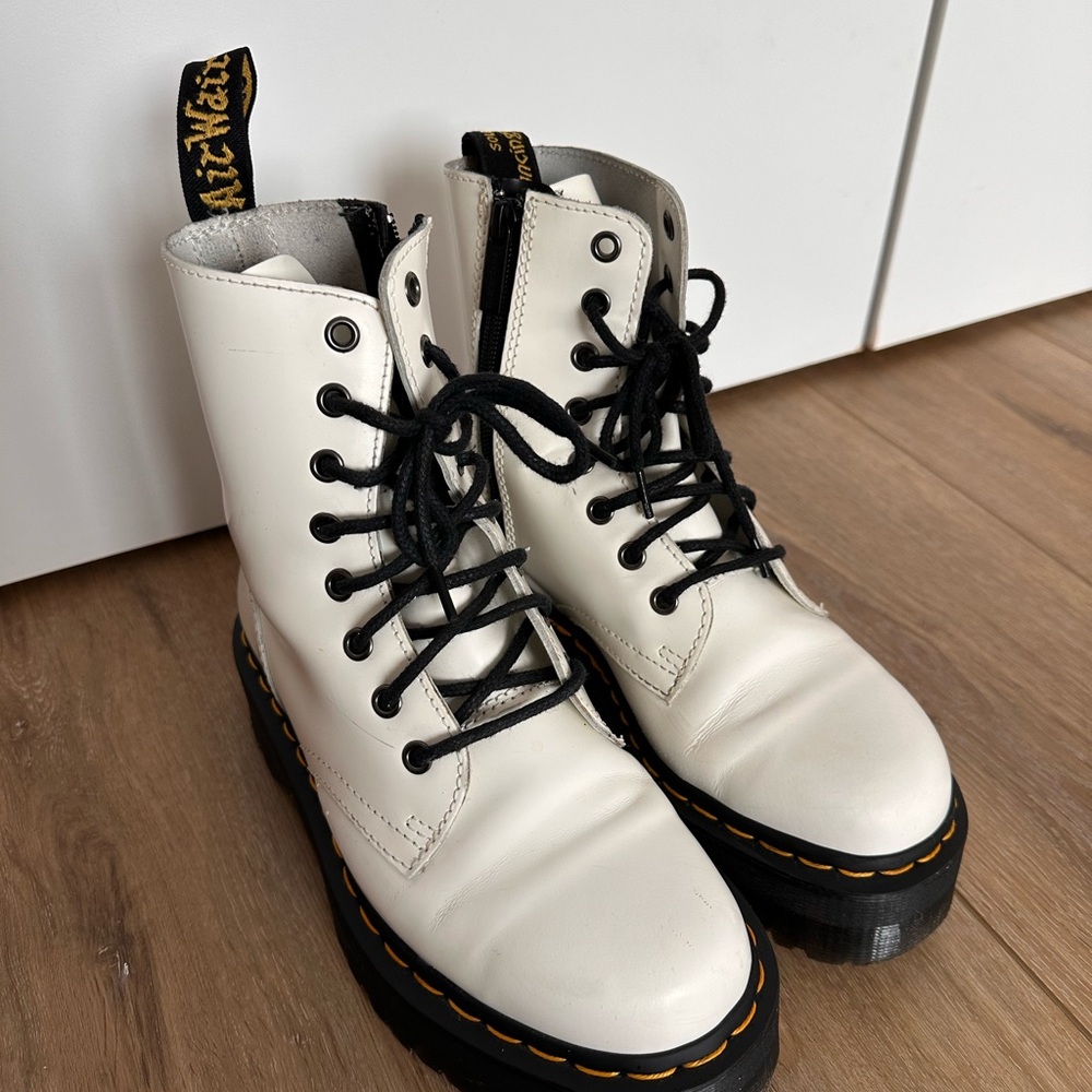 Dr. Martens Jadon White Stitch Platform Boots with Black Laces